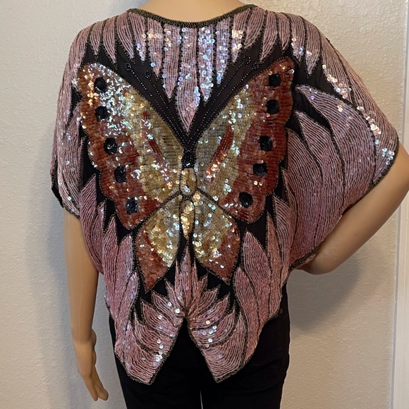 80’s Joan Crawford glamorous vintage handmade sequin beaded butterfly v-n tunic! - Picture 9 of 13